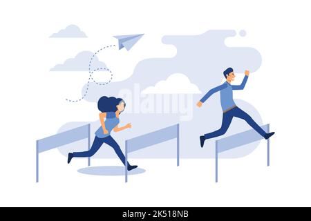 Vector illustration, concept of business motivation and ambition, business team overcomes obstacles and achieves success Stock Vector