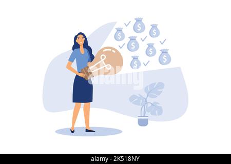 Businesswoman with powerful light bulb glow to money, flat vector illustration Stock Vector