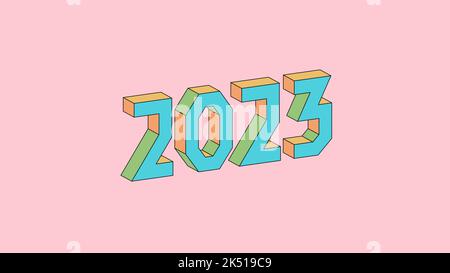 2023 New Year line isometric art. Holiday greeting card headline decoration. Date numbers concept design. One flat outline drawing vector illustration Stock Vector