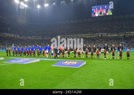 Milano, Italy. 04th Oct, 2022. The players from the two teams line up for the UEFA Champions League match between Inter and Barcelona at Giuseppe Meazza in Milano. (Photo Credit: Gonzales Photo/Alamy Live News Stock Photo