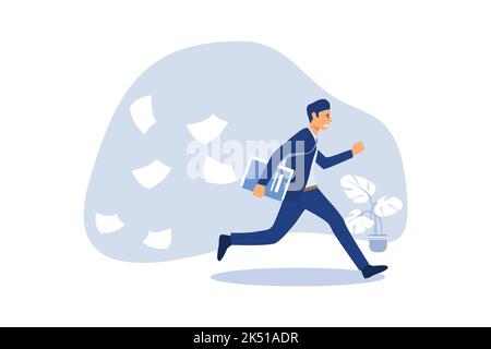 Businessman running and hurry up. businessman running with falling papers from briefcase time management deadline concept Stock Vector