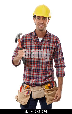 Trusted pro. Portrait of a handsome handyman holding his hammer. Stock Photo