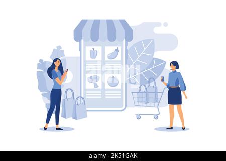 Retail food, shop to online. Woman makes purchases via phone online, choosing product. Shopping cart for buyer with food. E-commerce on smartphone. fl Stock Vector