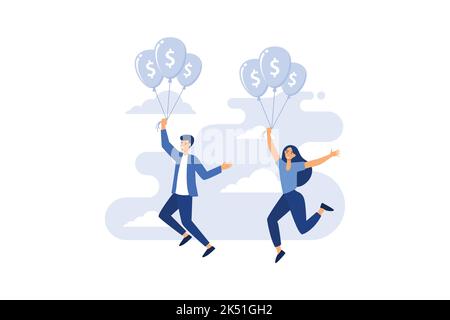 Businessman flying on balloons with currency symbols dollar. Success in business and development. Vector illustration. Stock Vector
