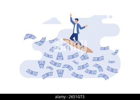 Wealthy businessman. Businessman surfing financial seas. Riding dollar cash money waves on surfboard showing victory gesture. Successful trader on pea Stock Vector