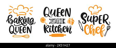 Super chef logo, Baking Queen of the Kitchen, hand written lettering emblems set Stock Vector