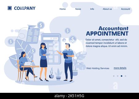 Accountant appointment. Isometric banner. Male and female flat cartoon characters communicate with each other standing by a large calculator. Landing Stock Vector