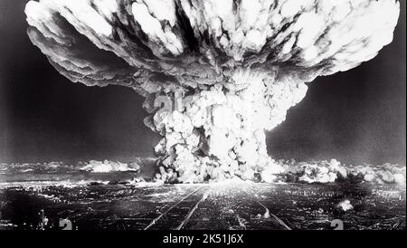 A grayscale illustration of atomic bomb explosion or volcanic eruption with dark smoke Stock Photo