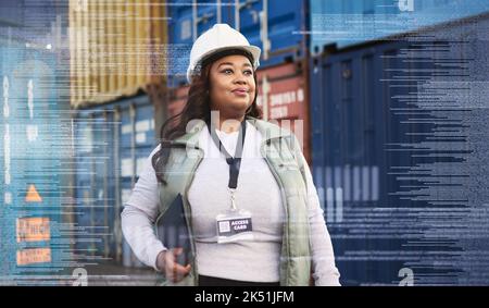 Logistics, overlay and black woman in leadership at a shipping supply chain for containers inspection at a port. Proud African female manager working Stock Photo