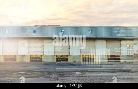 Empty logistics, industrial and cargo shipping site for product distribution, dispatch and storage. Supply chain warehouse, commercial building and Stock Photo