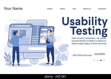 Illustration vector Usability testing concept landing page with the young man is testing the interface usability of website and application. Suitable Stock Vector