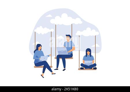 Cloud computing, remote work on company cloud infrastructure, technology to connect people concept, people businessman and woman office employees work Stock Vector