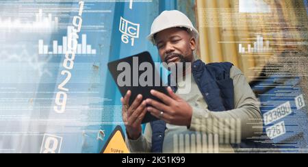 Tablet, overlay and black man in delivery logistics by containers working on the stock, cargo or inventory checklist. Industrial worker counting Stock Photo