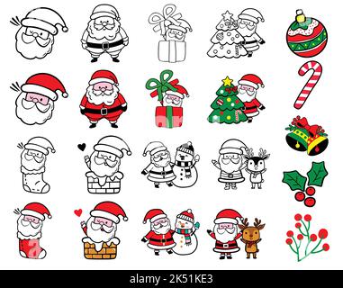 Santa Claus for Christmas and New Year. Set of funny cartoon Santa with different emotions and situations Stock Vector