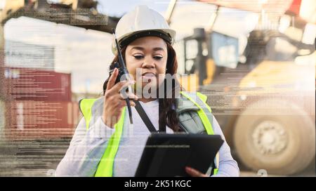 Black woman, logistics industry and communication on radio, talking about shipping innovation or manufacturing with overlay. Quality tracking manager Stock Photo