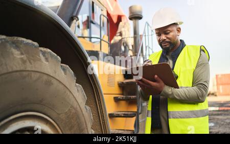 Logistics man, crane and writing on clipboard for delivery stock check, shipping cargo or supply chain manufacturing product. Thinking industrial Stock Photo