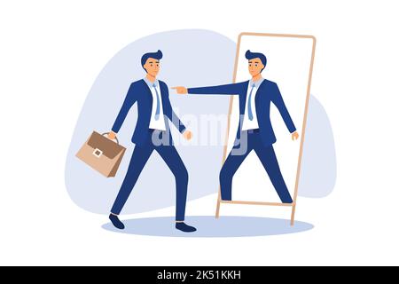 Self esteem or self care, believe in yourself improving confident, respect in your strong attitude concept, frustrated businessman looking at mirror w Stock Vector