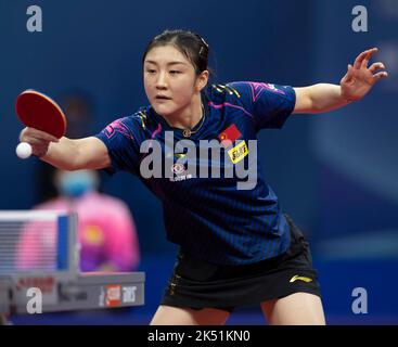 CHENGDU, CHINA - OCTOBER 5, 2022 - Chen Meng of China celebrates competes against Hungarian Women's Team during the Women's match between China and Hu Stock Photo