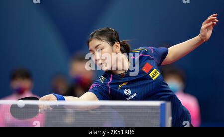 CHENGDU, CHINA - OCTOBER 5, 2022 - Chen Meng of China celebrates competes against Hungarian Women's Team during the Women's match between China and Hu Stock Photo