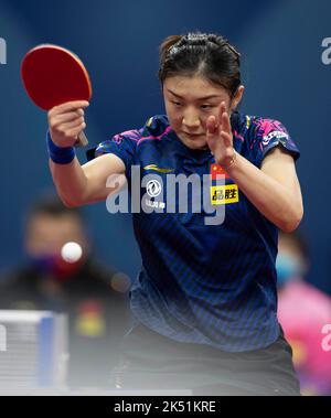 CHENGDU, CHINA - OCTOBER 5, 2022 - Chen Meng of China celebrates competes against Hungarian Women's Team during the Women's match between China and Hu Stock Photo