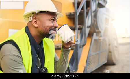 Coffee, engineer and construction worker relax on break at construction site, smiling and inspired by building idea and vision. Engineering Stock Photo