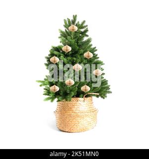 Christmas tree in wicker basket with white paper decorative balls isolated on white background. Xmas holiday in scandinavian style. Stock Photo
