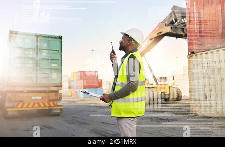 Delivery, logistics and manager in communication with walkie talkie about stock safety inspection for industrial distribution. Black man speaking with Stock Photo
