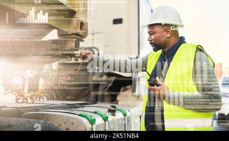 Logistics, walkie talkie and black man by truck, shipping or supply chain worker in text overlay. Portrait, container industry and inspection Stock Photo