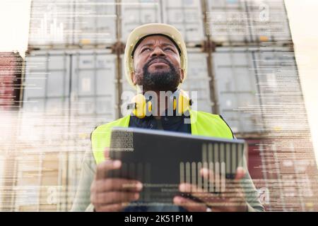 Supply chain logistics, futuristic digital transformation and black man with tablet in shipping industry. Technology software innovation, big data Stock Photo