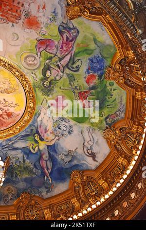 Opera Garnier or Palais Garnier interior. 1964 Marc Chagall ceiling paintings. Paris, France. 15 Aug 2018. Stock Photo