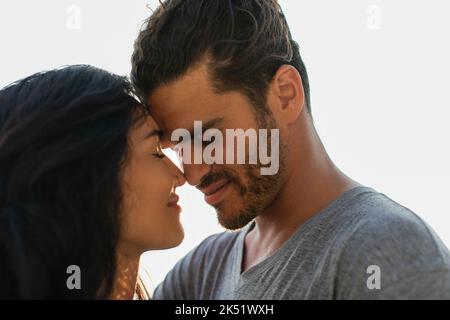 portrait of pleased bearded man and woman with closed eyes,stock image Stock Photo