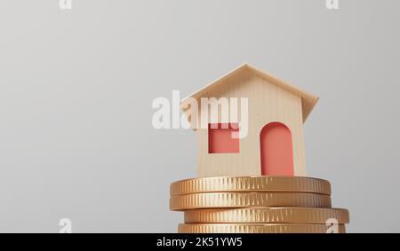 Home finance and property investment concept. Small house with a stack of coins. 3D Rendering Stock Photo