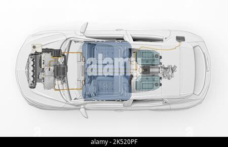 Electric generic car technical cutaway 3d rendering with all main details of EV system in ghost effect with drawing. Top view on white background. Stock Photo