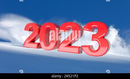 New Year red 2023 on a winter snow background, 3D illustration Stock Photo