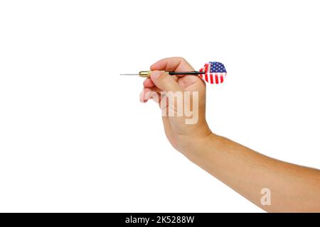 Hand holds dart for playing darts in colors flag United States America on white background of isolate Stock Photo