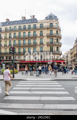 Pedestrian crossing leading to the Royal Trinite Restaurant in the 9th arrondissement of Paris, France, Europe. Stock Photo