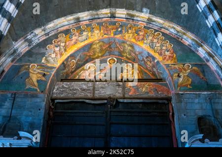 Counter-façade of the Cathedral of San Lorenzo in Genoa. Fresco with Christ the Judge enthroned, surrounded by the apostles. Constantinopolitan master Stock Photo