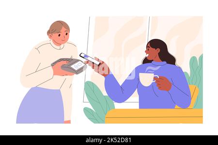 Woman payments in restaurant by contactless pay from her phone. Stock Vector