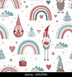 Cute Christmas gnomes and rainbows seamless pattern on white background. Design for textile prints, kids design, decor, wrapping Stock Vector