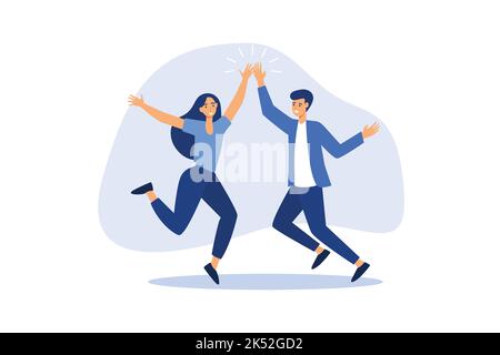 Team success winners, hi five or congratulation on business goal achievement, collaboration or encouragement concept, happy businessman and woman team Stock Vector