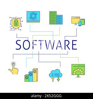 Software development and update poster in line style. Vector illustration. Stock Vector