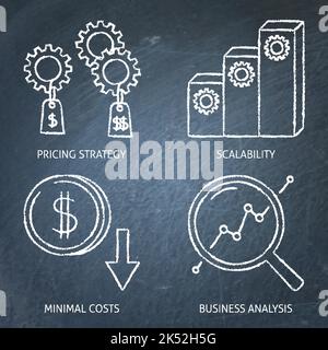 Software pricing strategy chalkboard icon set. Price options, scalability and analysis symbols. Vector illustration. Stock Vector