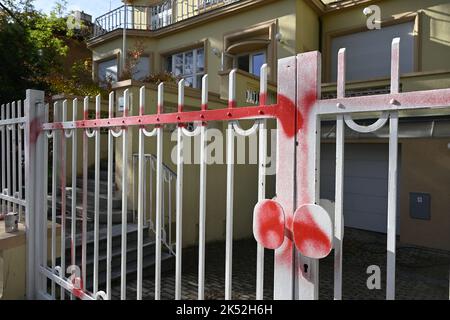 Prague, Czech Republic. 05th Oct, 2022. An unknown perpetrator stained the seat of the Embassy of Ukraine in Prague-Bubenec with red colour on the night of October 5, 2022, in Prague, Czech Republic. Credit: Katerina Sulova/CTK Photo/Alamy Live News Stock Photo