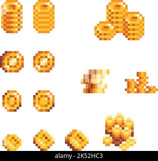 Pixel art money and stack of coins. Pixel wallet bills, golden coins. Pixel game money icons in retro 80s - 90s style. Vector icons set Stock Vector