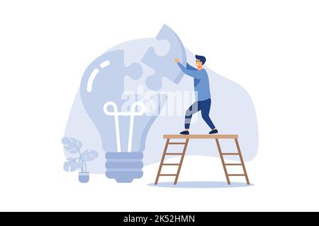 Solve business problem with creativity, finishing or complete brilliant idea, work solution or business idea concept, smart businessman assemble last Stock Vector