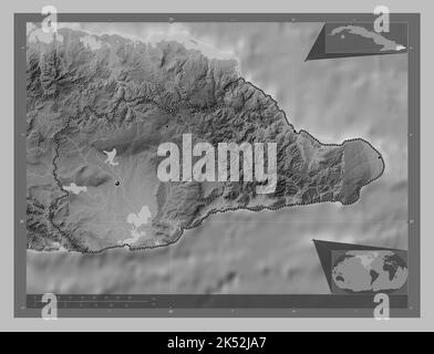 Guantanamo, province of Cuba. Grayscale elevation map with lakes and rivers. Locations of major cities of the region. Corner auxiliary location maps Stock Photo