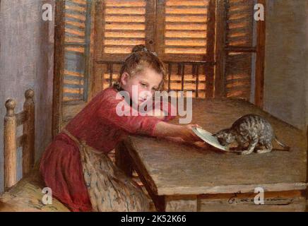 Ragazzina col gatto (Girl with the cat) (1893) by Emilio Longoni (1859-1932). Oil on wood, cm.24x33. Enrico Gallerie, Milano. Stock Photo