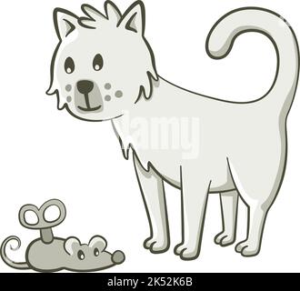 Cute illustration of a little cat that is standing looking at a toy mouse. Vector illustration on white background. Stock Vector
