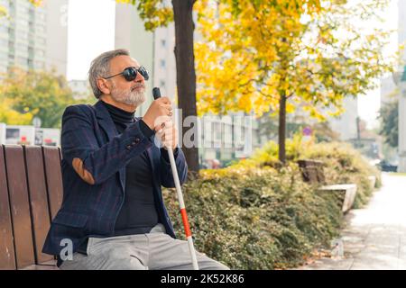 Relax in fresh air. Break from loud city at park. Autumn season. Good-looking caucasian bearded adult man with sight disability sitting on bench, holding his white walking cane, and relaxing. High quality photo Stock Photo