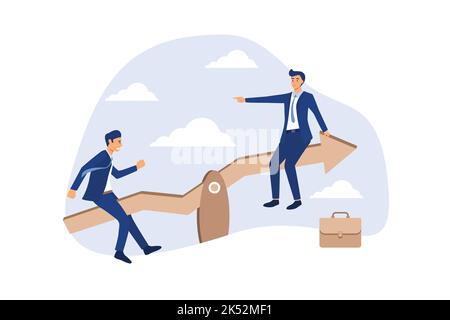 Investment stock market volatility, financial asset value going up and down or profit growth rising up concept, businessman sit on balance seesaw gree Stock Vector